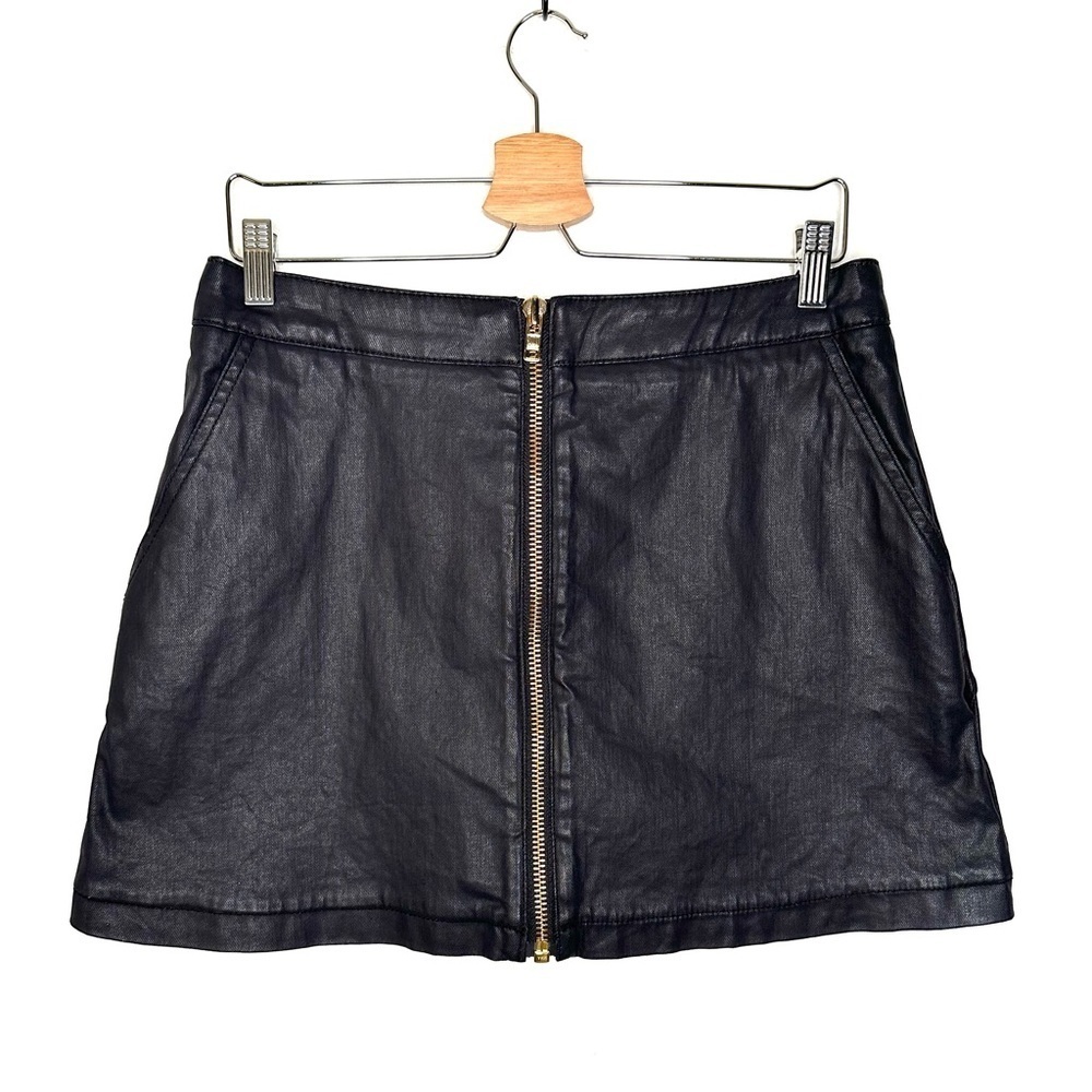 Reiss | Black Wax Coated Front Zipper Mini Skirt